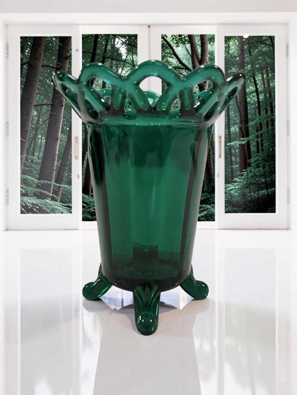 Imperial Glass Stiegel Dark Emerald Green Lace Edge Vase Four Footed